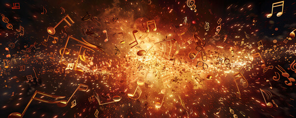 Dynamic image of music notes bursting with flames and sparkles