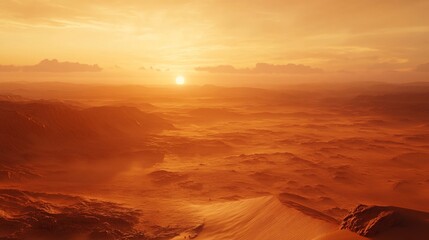 Naklejka premium Golden Desert Landscape at Sunset with Hazy Atmosphere and Distant Hills