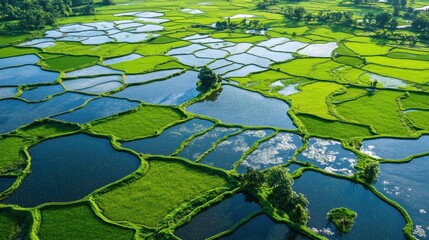Aerial view of lush rice paddies, flooded fields, rural landscape, sunny day, agriculture