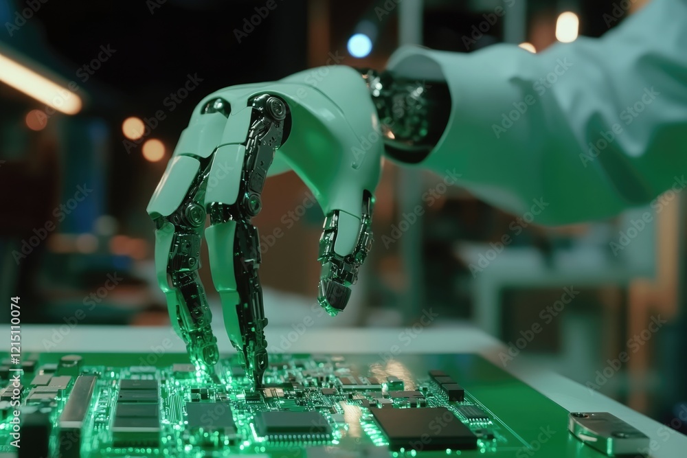 Poster a robotic arm delicately manipulates a circuit board in a futuristic tech lab.