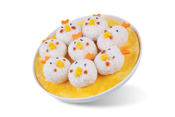 Rice ball onigiri with filling in the form of chicken with funny faces on a white isolated background