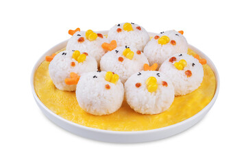 Rice ball onigiri with filling in the form of chicken with funny faces on a white isolated background