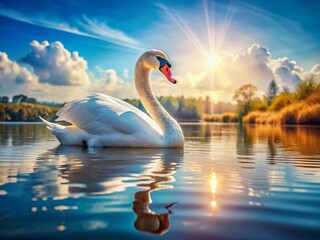 Fototapeta premium Majestic Swan on Serene Blue Lake - Vintage Sunlit Pond Scene