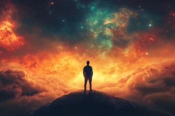 Obraz premium Silhouette of a man standing on the peak of a mountain observing a breathtaking view of colorful nebulae and clouds