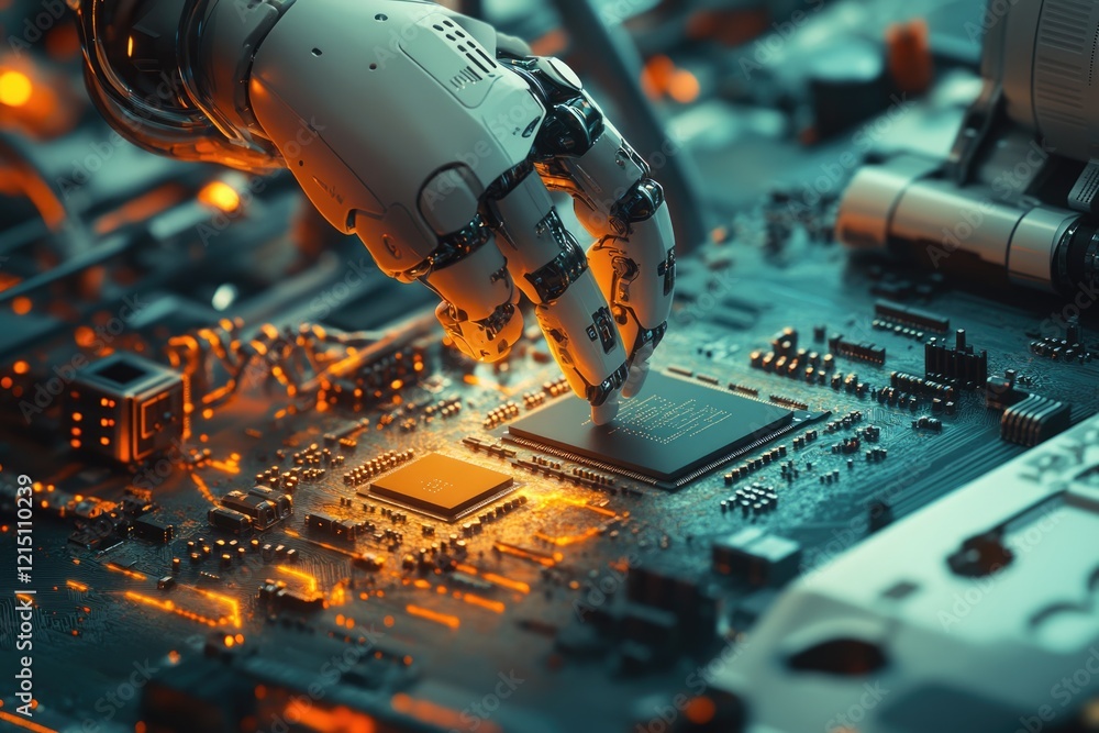 Aufkleber a robotic hand delicately places a microprocessor onto a circuit board, showcasing advanced technolo