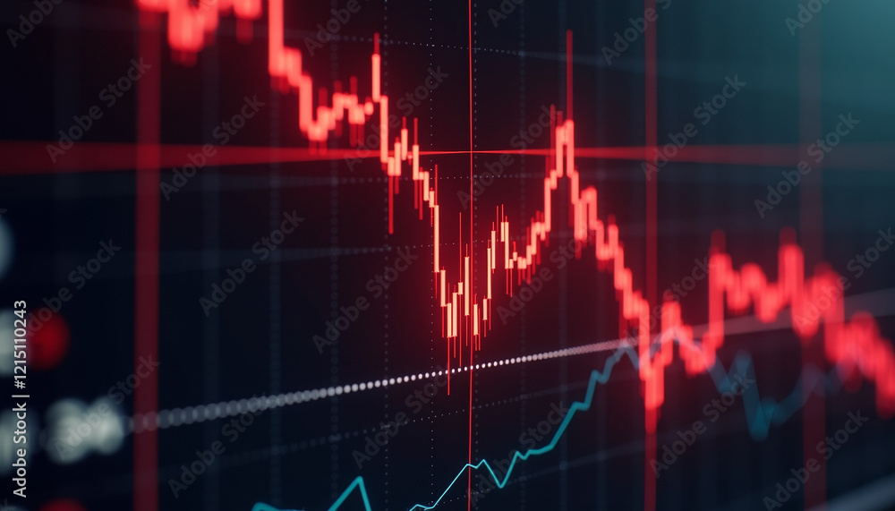 Poster bold trading screen featuring a sharp red downward trend against a dark gradient background with dra