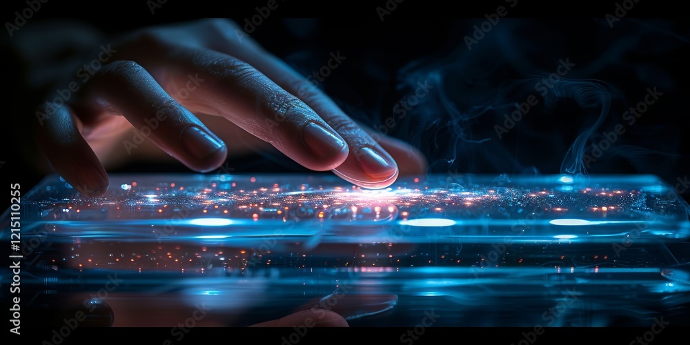 Poster hand gently touching a glowing glass surface with sparkling particles and smoke, creating a futurist