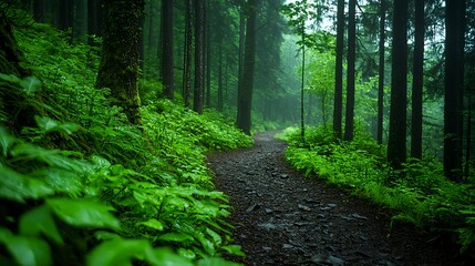 Fototapeta premium Lush Green Forest Pathway through Dense Trees in Soft Misty Light
