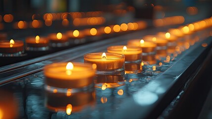 A row of small oil lamps with flickering flames, placed on a reflective surface.