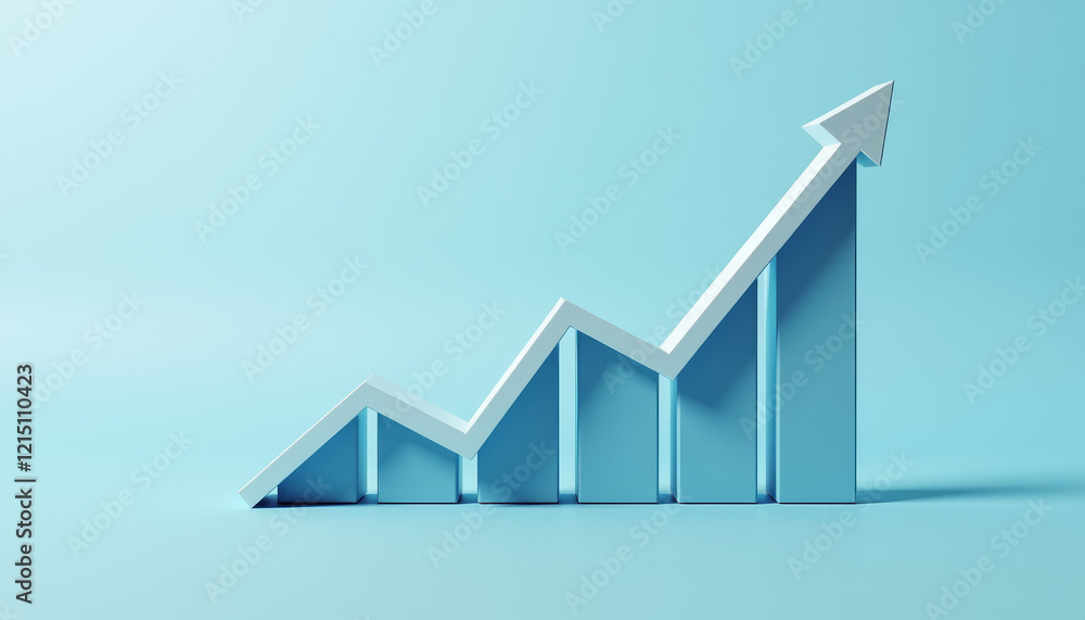 Poster minimalist stock chart with a clear upward trend against a plain light blue background in a sharp cl