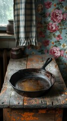 There is a cast iron skillet on a wooden table, vertical background