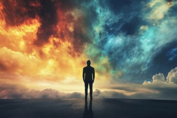 Fototapeta premium Businessman standing and contemplating the stunning beauty of a colorful nebula and dramatic sky, filled with hope and future aspirations at sunset
