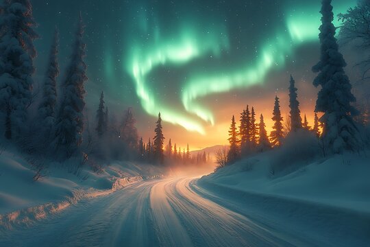 Aurora Borealis illuminates snowy road winding through winter forest
