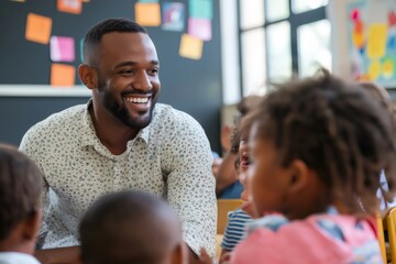 Happy male teacher smiling and interacting with group of young students in classroom, promoting...