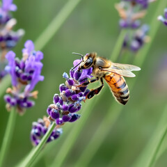 Fototapeta premium bee collecting nectar from vibrant lavender flowers in natural setting. scene captures beauty of nature and important role of pollinators