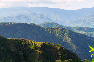 sunset view in the Andean mountains in the rural area of Riosucio, Caldas, a town located in the Colombian coffee region, with extensive coffee and banana plantations.