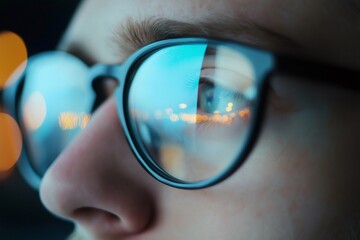 Close up of glasses reflecting city lights, suggesting a programmer working late at night