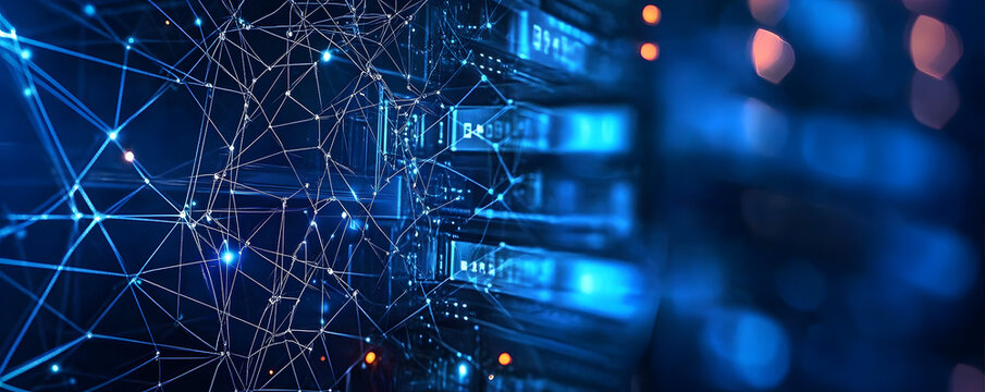 Blue technology background with network connections and digital data connection, web banner design for tech online site or social media promotion of product service on the dark blue background. . glow - Powered by Adobe