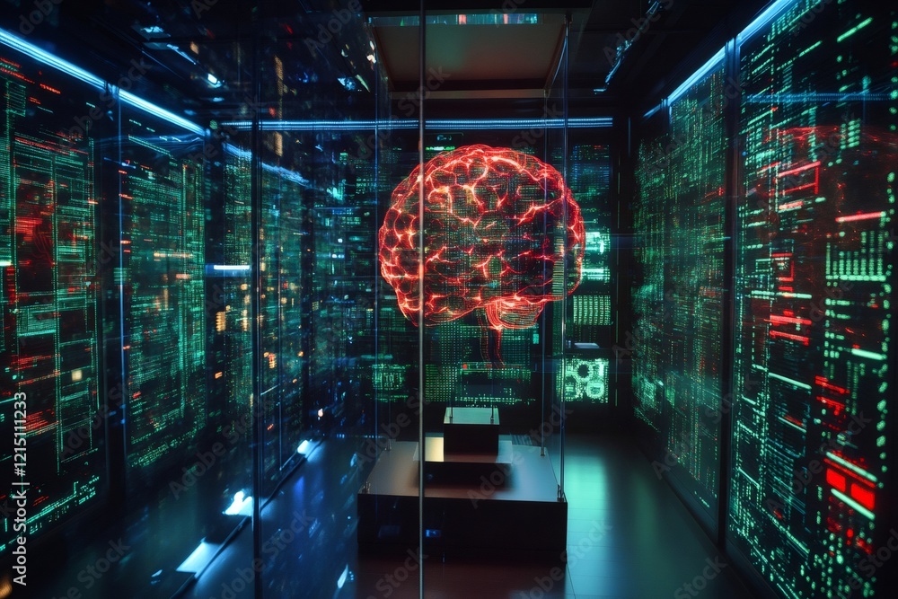 Leinwandbilder artificial intelligence brain glowing inside server room with data processing