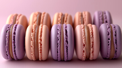 Assortment of macarons is presented on soft pink background, delicate pastries in various colors including purple, light pink, beige, brown macaroons for bakery promotions or culinary blogs