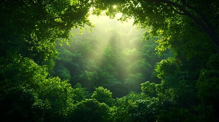 Fototapeta premium Lush Green Forest with Sunlight Filtering Through the Tree Canopy