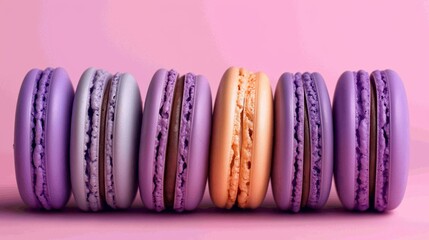 Variety of macarons is presented on soft pink background, delicate pastries in various colors including purple, light pink, beige, brown macaroons for bakery promotions or culinary blogs