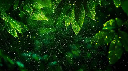 Naklejka premium Vibrant Green Leaves with Water Droplets Under Gentle Rainfall