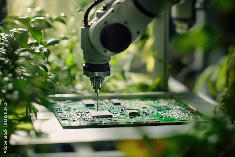 Aufkleber a robotic arm precisely places a microchip onto a circuit board amidst lush greenery, showcasing adv