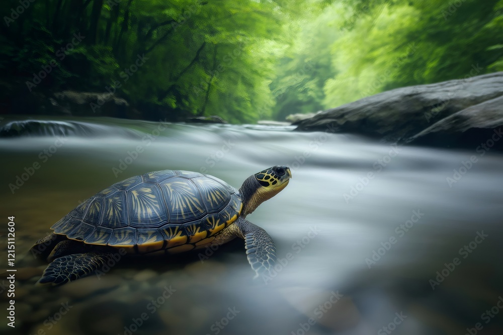 Poster turtle resting in a river with a smooth water effect and a green forest in the background