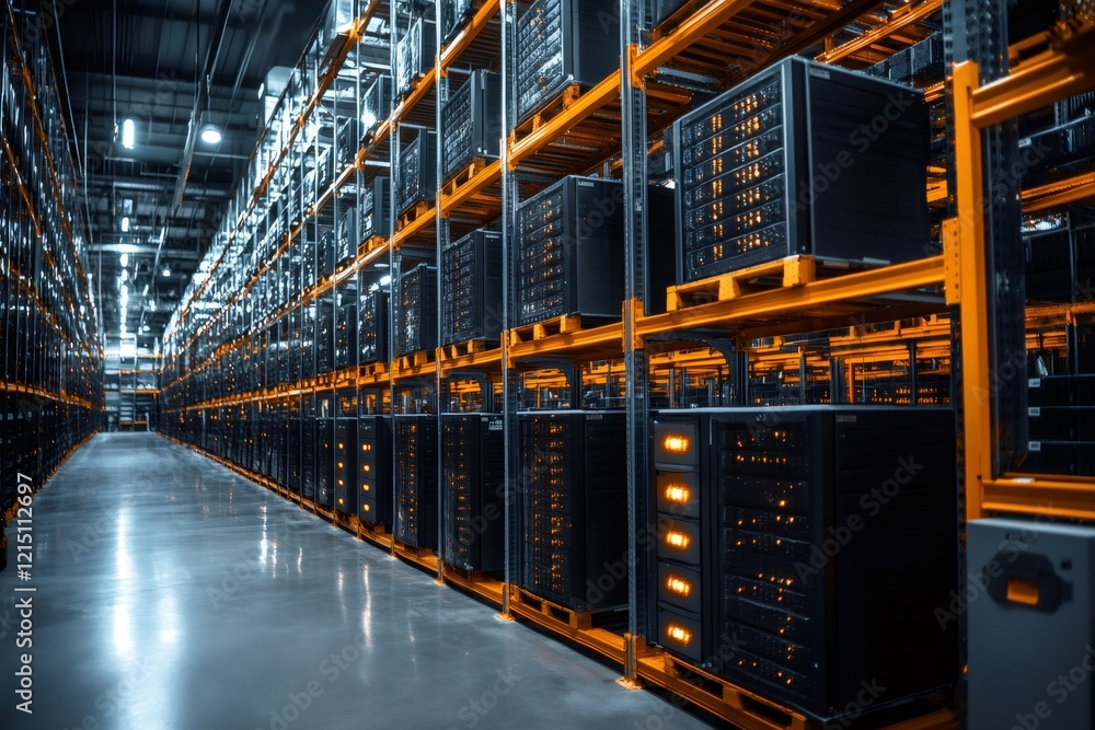 Poster servers blinking in a modern data center with orange shelves