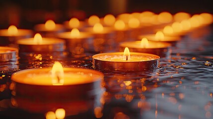 A row of small oil lamps with flickering flames, placed on a reflective surface.