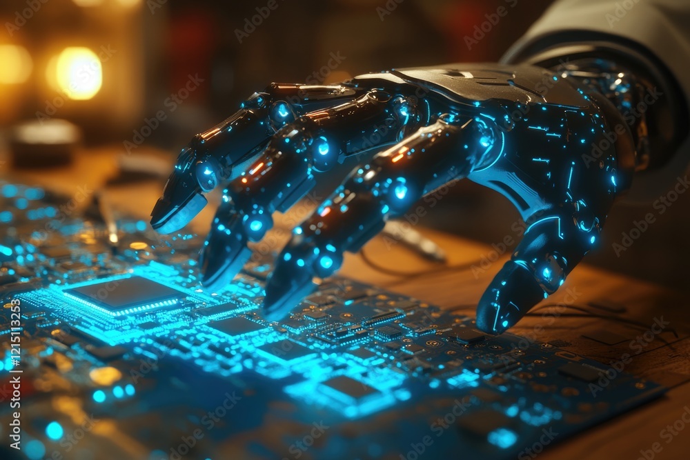 Poster a robotic hand delicately interacts with a glowing circuit board, showcasing advanced technology and