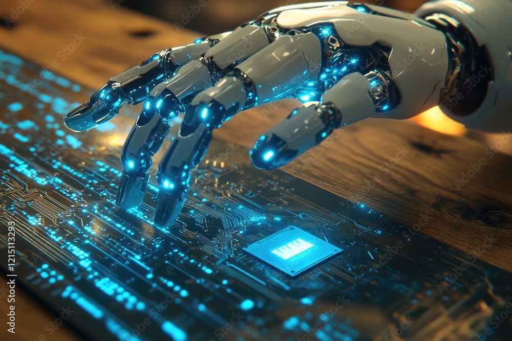 Aufkleber a robotic hand interacts with a glowing circuit board, showcasing advanced technology and automation