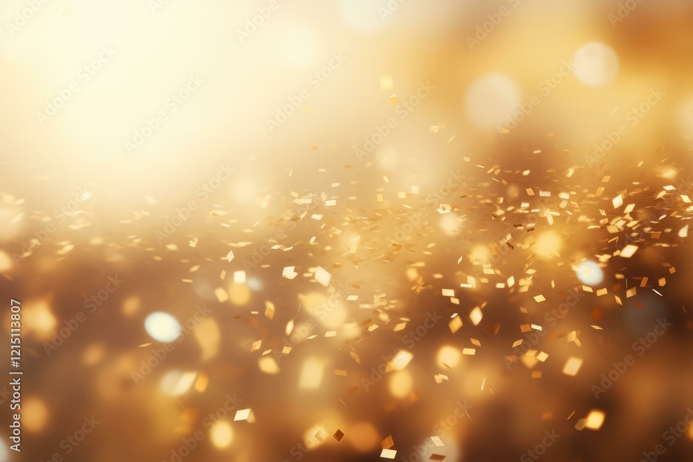 Poster golden confetti falling creating a festive atmosphere with shiny bokeh and copy space