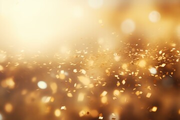 Golden confetti falling creating a festive atmosphere with shiny bokeh and copy space