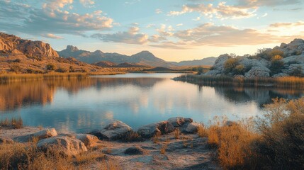 Naklejka premium A panoramic view of a tranquil lake at twilight,