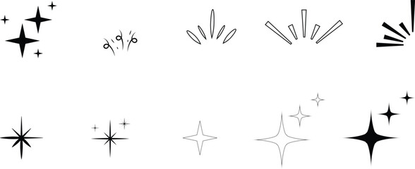 black and white set of decorative sparkle elements and star