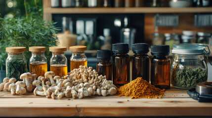 A rustic wooden table displays a variety of neatly arranged bottles containing kratom, mushrooms, and herbal extracts, emphasizing natural healing options