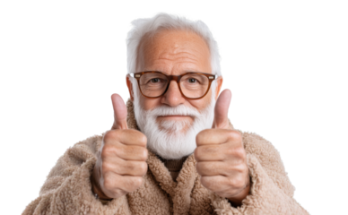 Senior man giving thumbs up in cozy sweater with joyful expression and transparent background
