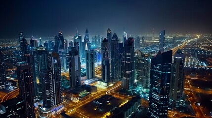 Naklejka premium Nighttime Aerial View of Dubai City Skyline