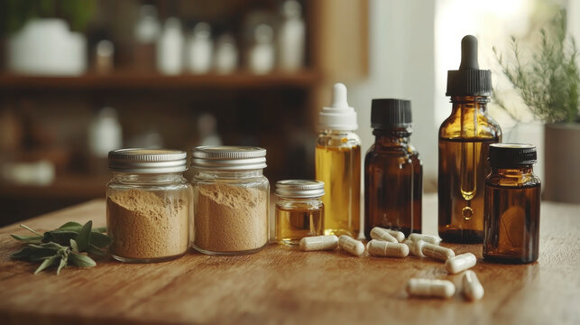 Jars of kratom powder and natural remedies are artfully arranged on a clean wooden table, highlighting alternative health treatments suitable for wellness enthusiasts