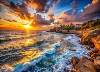 Fototapeta premium Mediterranean Sunset: Crystal-Clear Waves Crashing on the Shore