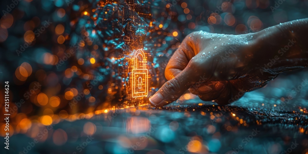 Poster hand interacting with a glowing orange digital padlock icon, surrounded by shimmering data streams a