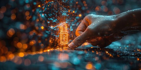  Hand interacting with a glowing orange digital padlock icon, surrounded by shimmering data streams and bokeh