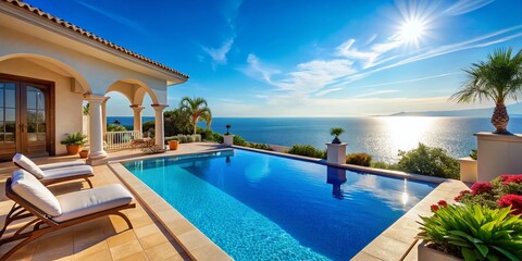 Fototapeta premium Mediterranean Resort Pool & Patio with Sea View - Luxury Vacation Paradise
