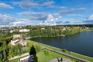 Naklejka premium Nevyansk, Sverdlovsk region,. View of the city of Nevyansk, Monument to Peter I and Nikita Demidov and with the shadow of the inclined Demidov tower on a summer day