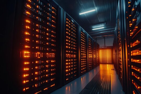 Orange lights from server racks illuminate a modern data center corridor - Powered by Adobe