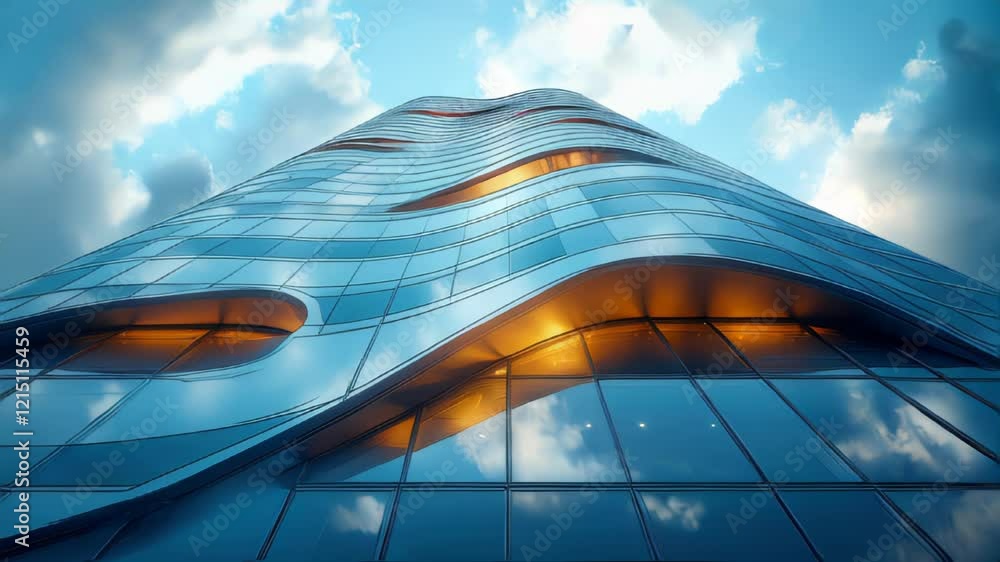 Poster futuristic skyscraper with circular windows and modern design against a cloudy sky. innovative archi