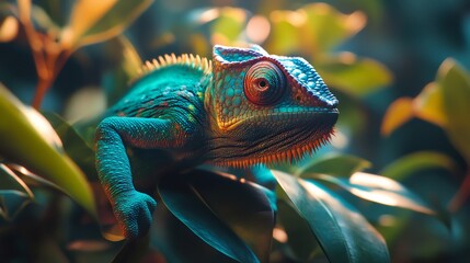 Fototapeta premium Colorful chameleon resting on leaves in tropical forest