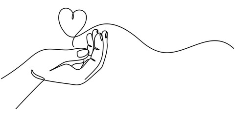 Single continuous line of hands holding hearts on a white background. Black thin line of the hands with  hearts, One continuous line drawing of hands holding heart. Concept of love relationship pro. 